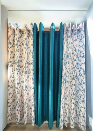 Moonstone Turquoise  Silken Bloom Trio curtains set of 3 pieces