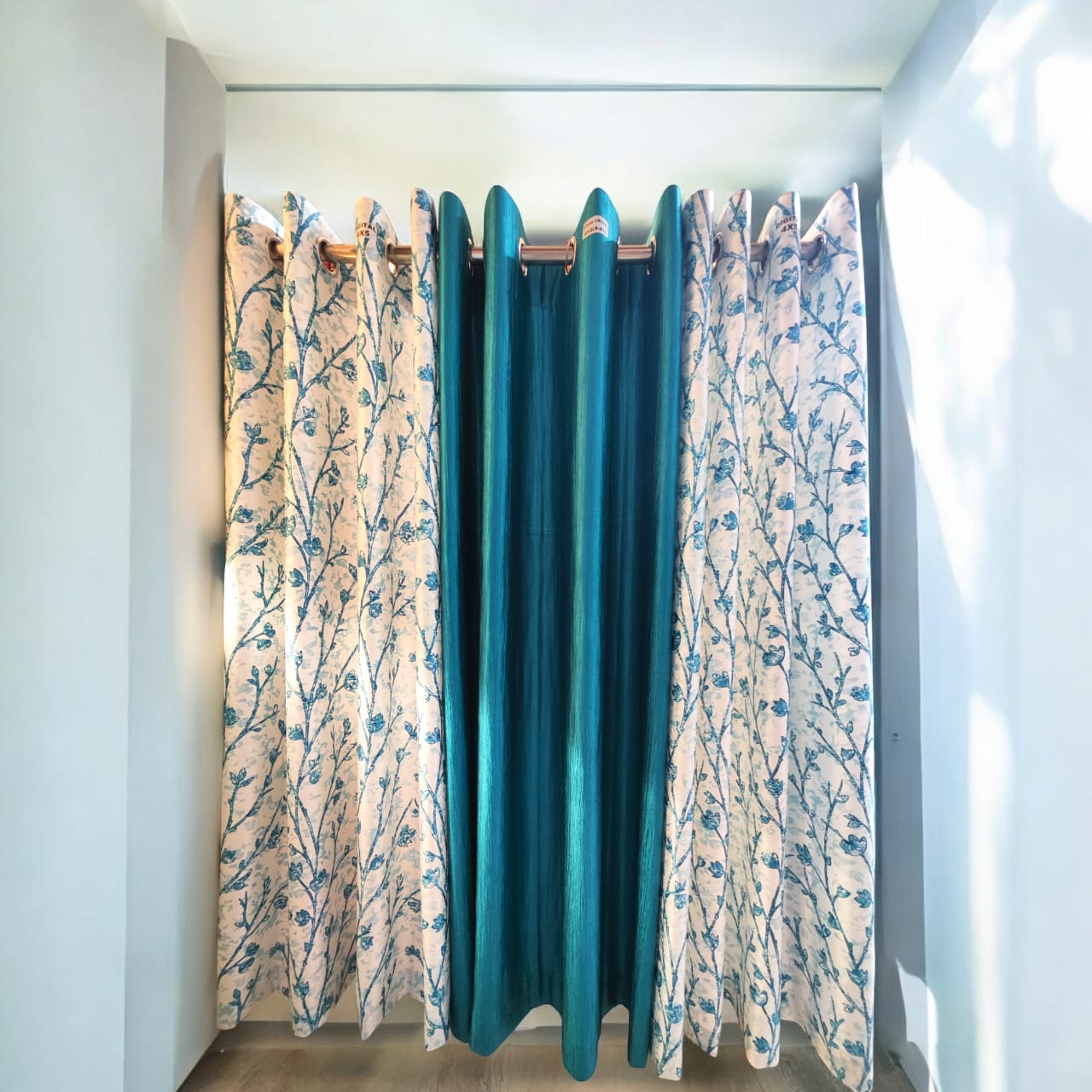 Moonstone Turquoise  Silken Bloom Trio curtains set of 3 pieces